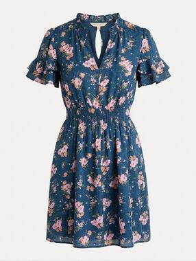 Rebecca Taylor Navy 100% Silk Floral Smocked Waist Flutter Sleeve Dress - Size 6